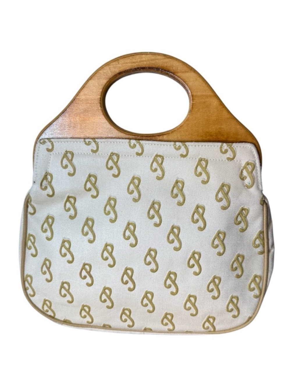 GLO BELLE Vintage Handbag Wood Handles P Pattern Canvas Purse Attaché *Flaw*